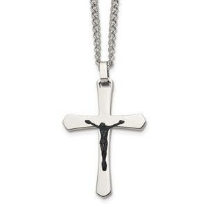 Chisel Stainless Steel Black IP-plated Crucifix Charm w 24" Curb Chain Necklace